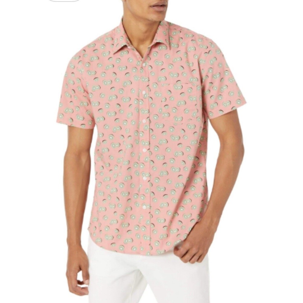 Amazon Essentials Men’s Short Sleeve Button Up Kiwi Pattern Shirt-L